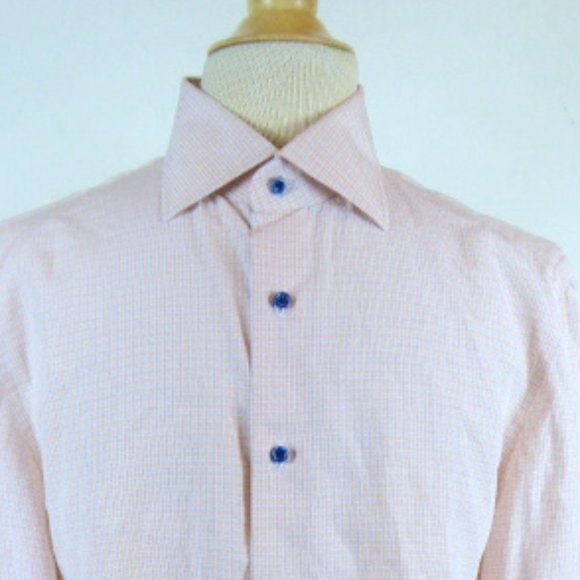 Isaia Napoli Italy dress shirt blue orange white check plaid cotton 16.5 L
